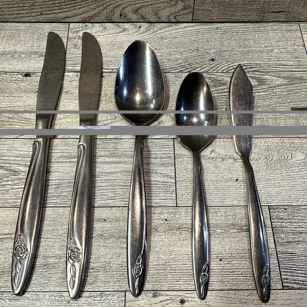 Stainless Steel Satin Flatware Set Floral Rose Handle 5pc Taiwan Vintage